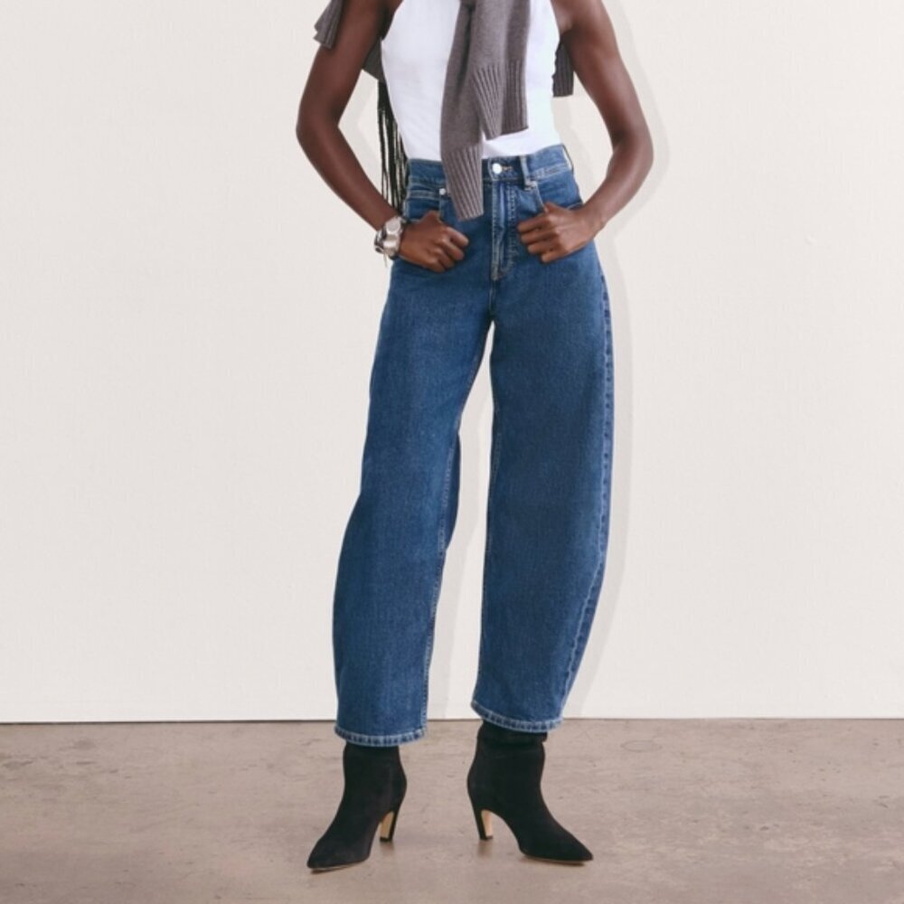 NWT EVERLANE Way High Jeans Wide Leg Dark Blue 27 Long